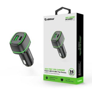 ESOULK BLACK 36W FAST CAR CHARGER 18W PD+18W QC USB-A & USB-C